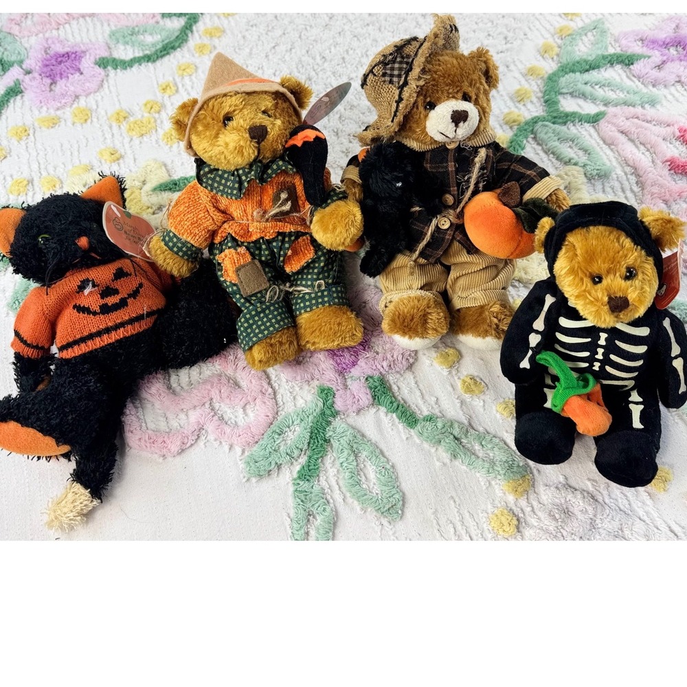 Vintage Plushland March of Dimes Halloween Bean Bag Plush Set Cat Bear Skeleton